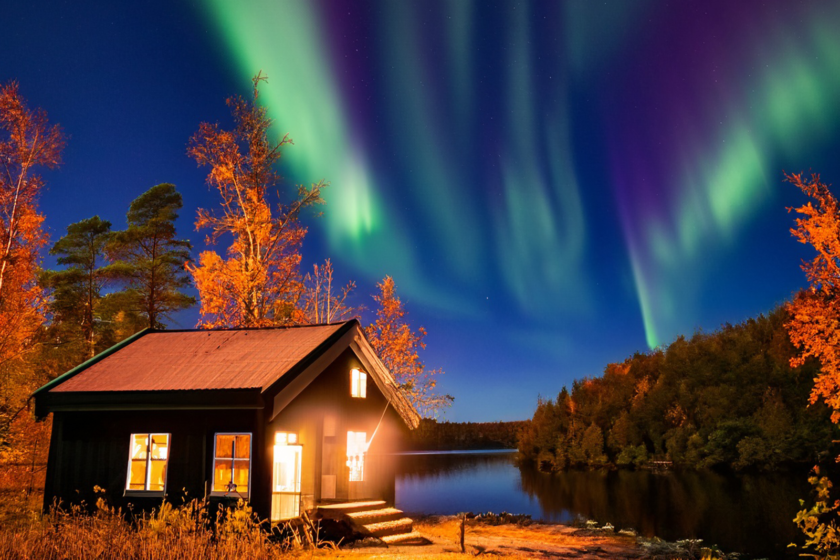 Stuga vid sjö med norrsken