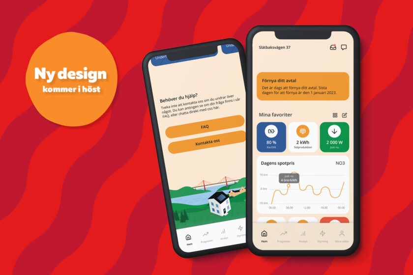 Illustration av två mobiltelefoner med PiteEnergis app mot röd bakgrund