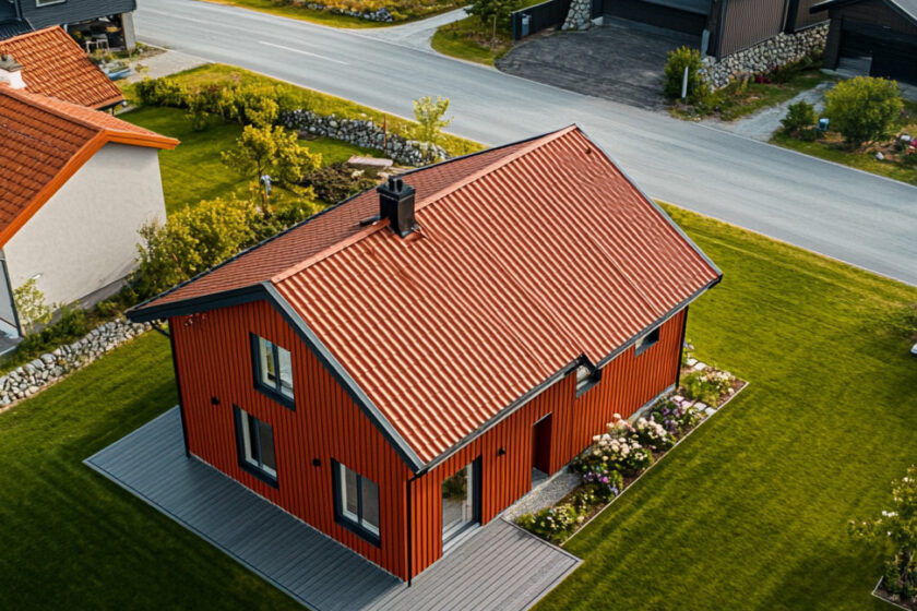 Drönarbild av modernt rött hus på villakvarter