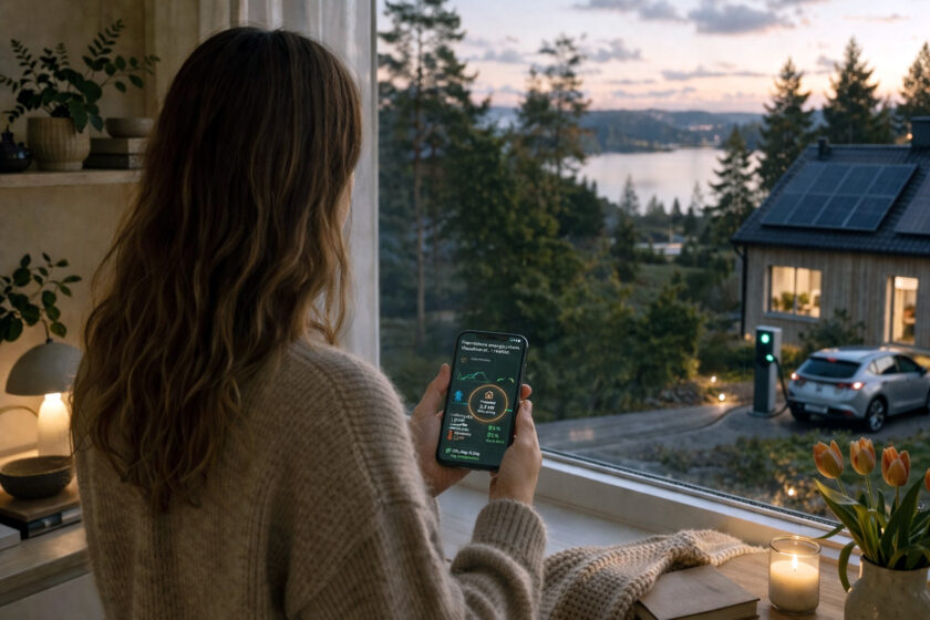 Kvinna som håller i telefon och tittar ut genom fönster i modernt hem