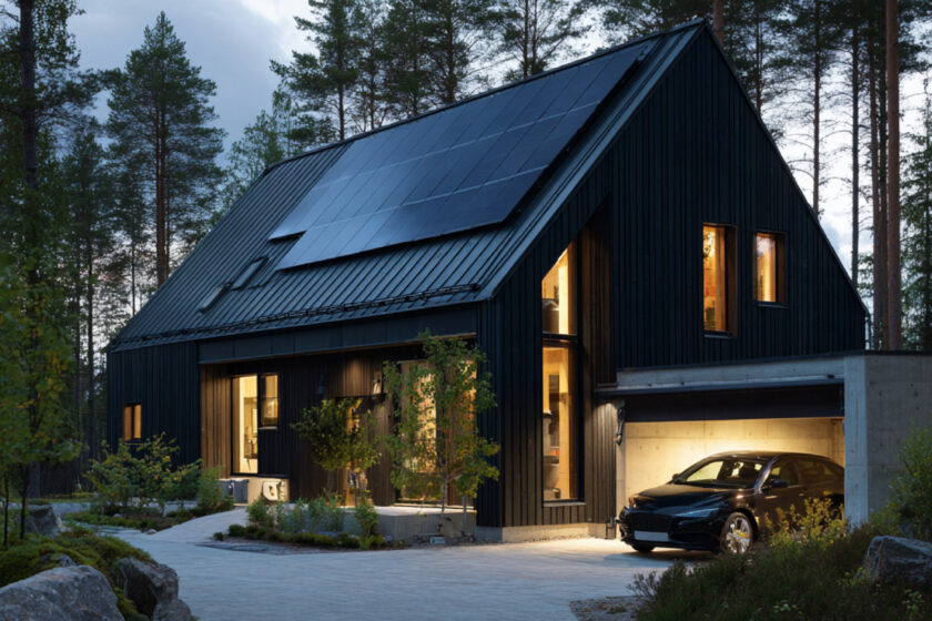 Modern villa i skymning