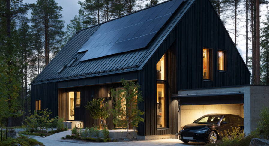 Modern villa i skymning